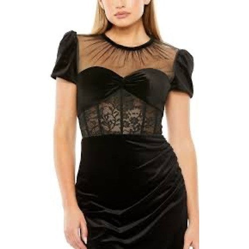 Mac Duggal 20742 Black Velvet Lace Mesh Corset Midi Cocktail Dress Womens