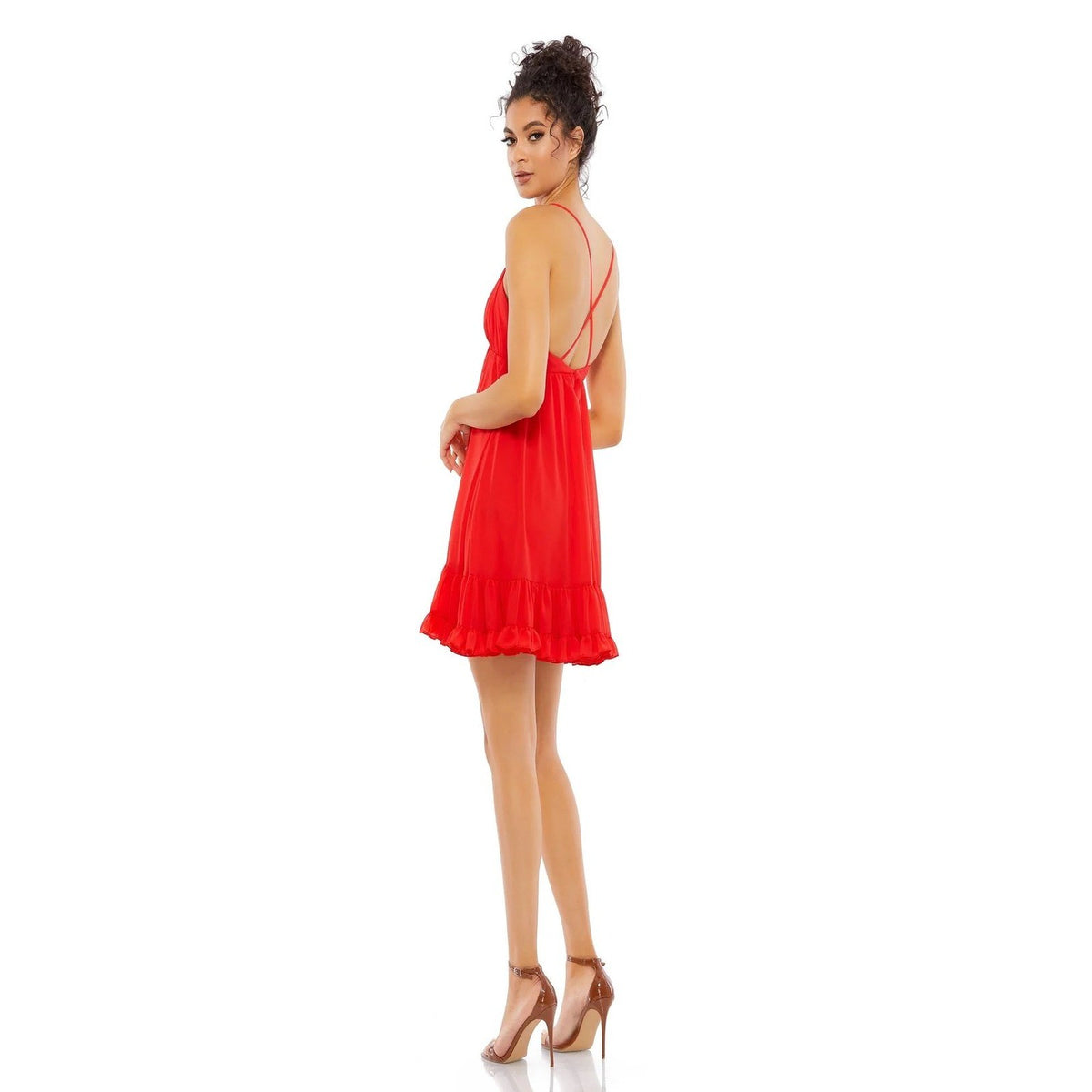 Mac Duggal 70194 Red Chiffon V-Neck Ruffle Hem Crisscross Back Mini Dress