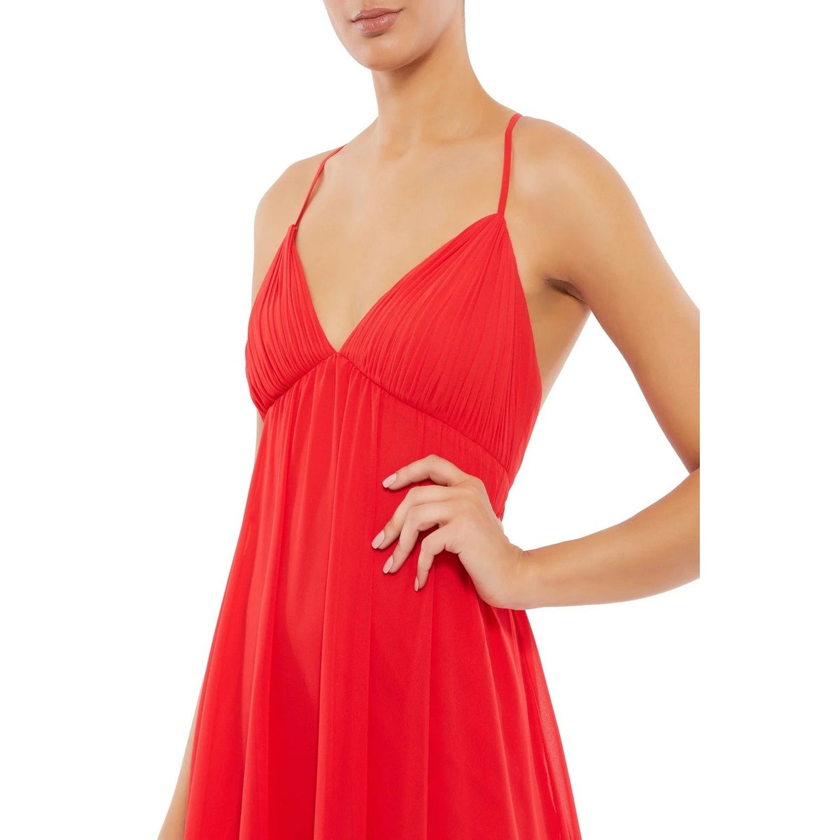 Mac Duggal 70194 Red Chiffon V-Neck Ruffle Hem Crisscross Back Mini Dress