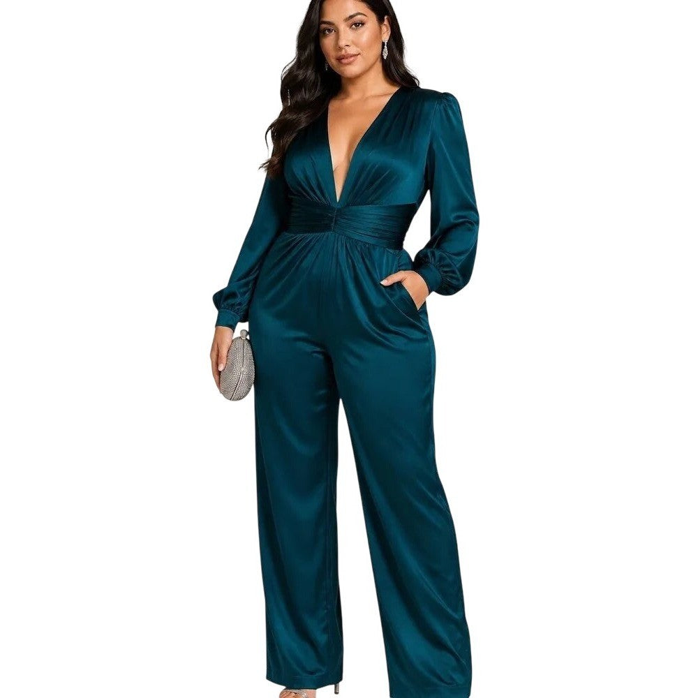 Mac Duggal 2647 Teal Satin Deep V-Neck Long Sleeve Wide Leg Jumpsuit