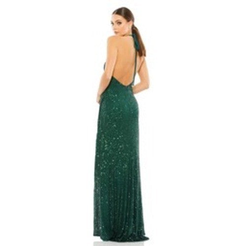 Mac Duggal 26622 Sequin Halter Gown Emerald Green Open Back Formal Dress