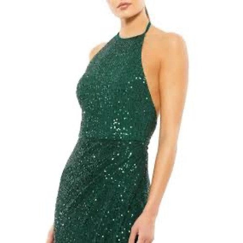 Mac Duggal 26622 Sequin Halter Gown Emerald Green Open Back Formal Dress