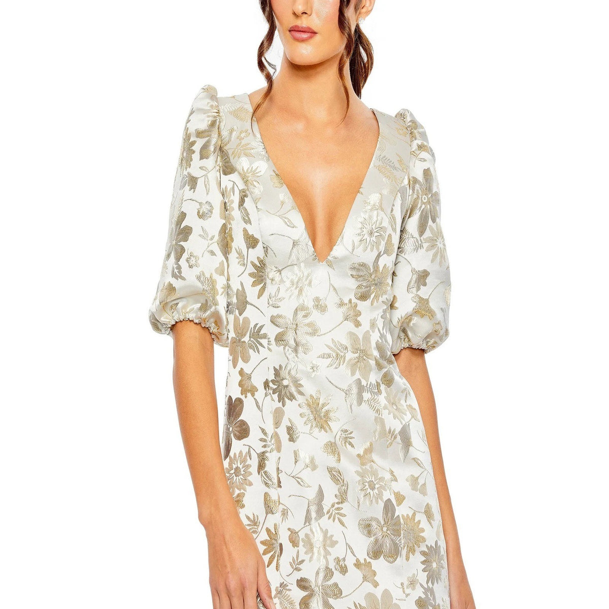 Mac Duggal Floral Brocade Mini Dress Metallic Gold White Puff Sleeve 20387