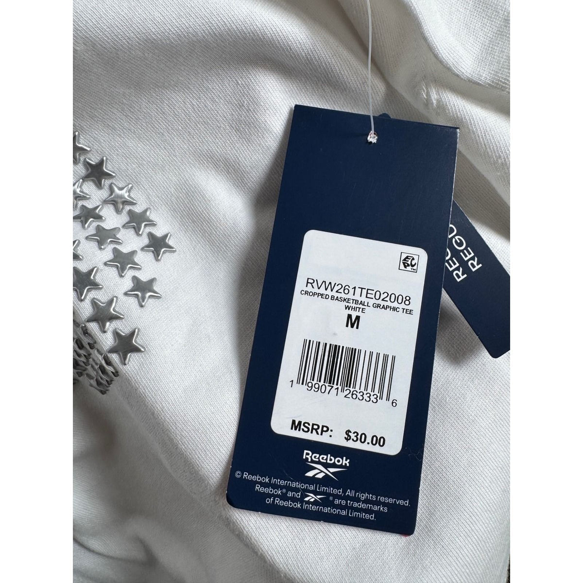 Reebok Women White Cropped Basketball Graphic Tee Star Number 5 RVW261TE02008 M