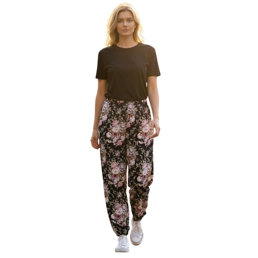 Floral High Waisted Trousers Black Pink Rose Print Straight Leg Pants