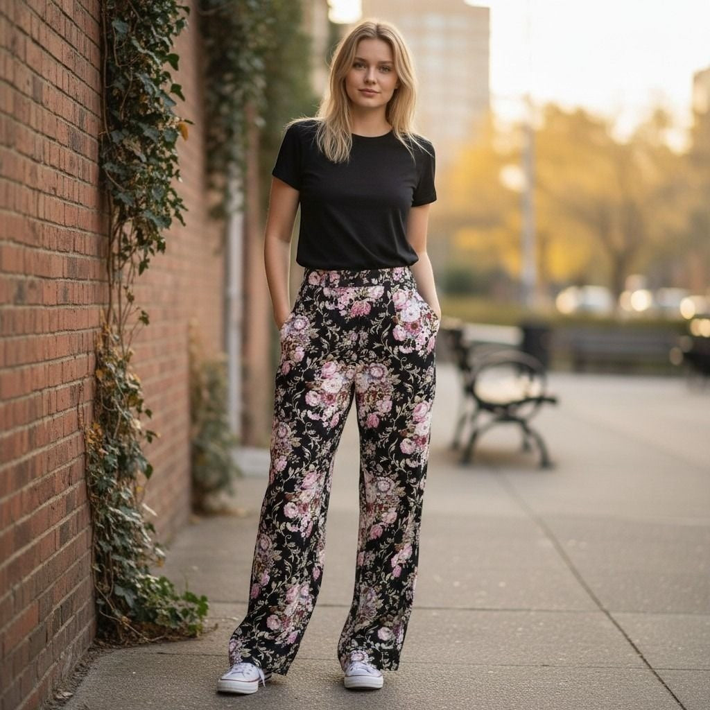 Floral High Waisted Trousers Black Pink Rose Print Straight Leg Pants