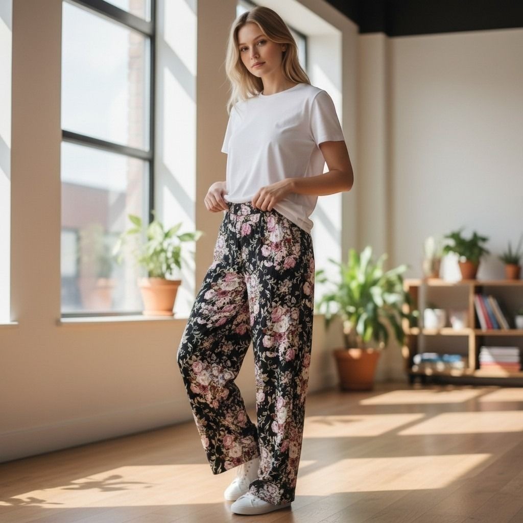 Floral High Waisted Trousers Black Pink Rose Print Straight Leg Pants