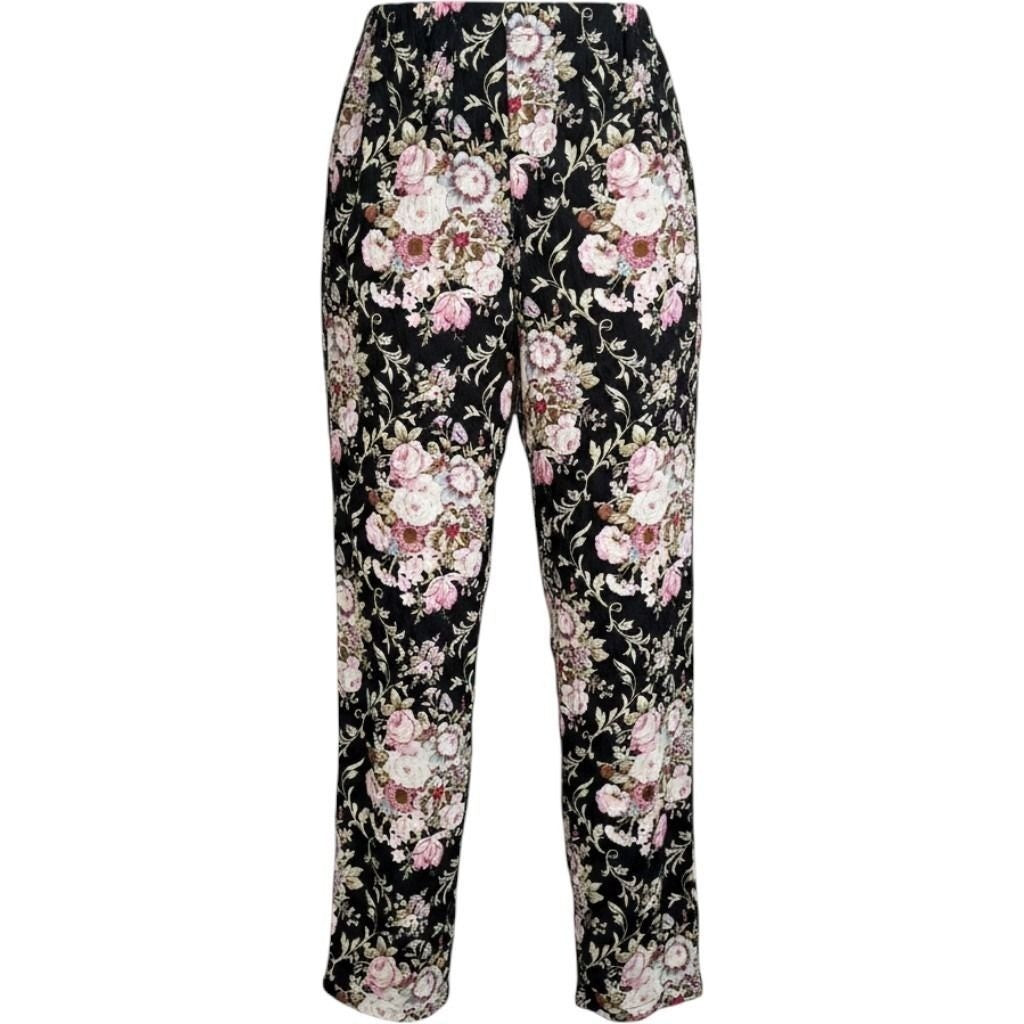 Floral High Waisted Trousers Black Pink Rose Print Straight Leg Pants