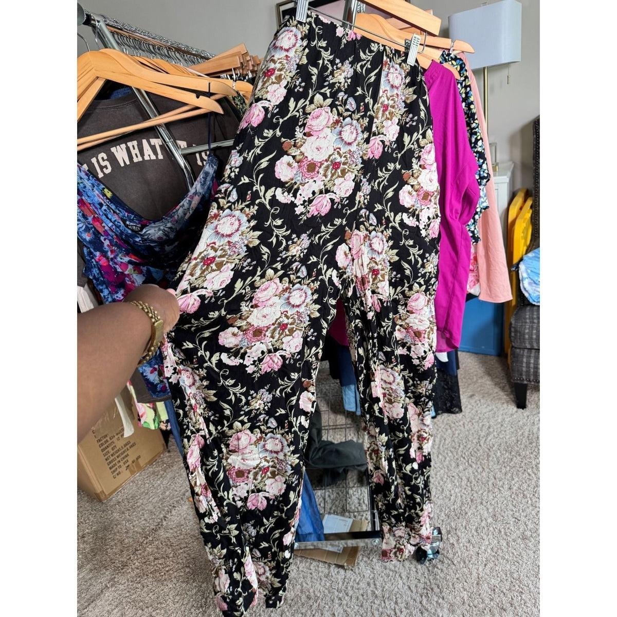 Floral High Waisted Trousers Black Pink Rose Print Straight Leg Pants