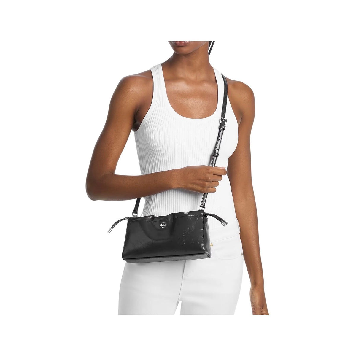 Michael Kors Matilda Black Glazed Leather Crossbody Bag 35T6SMTC5U Silver Logo