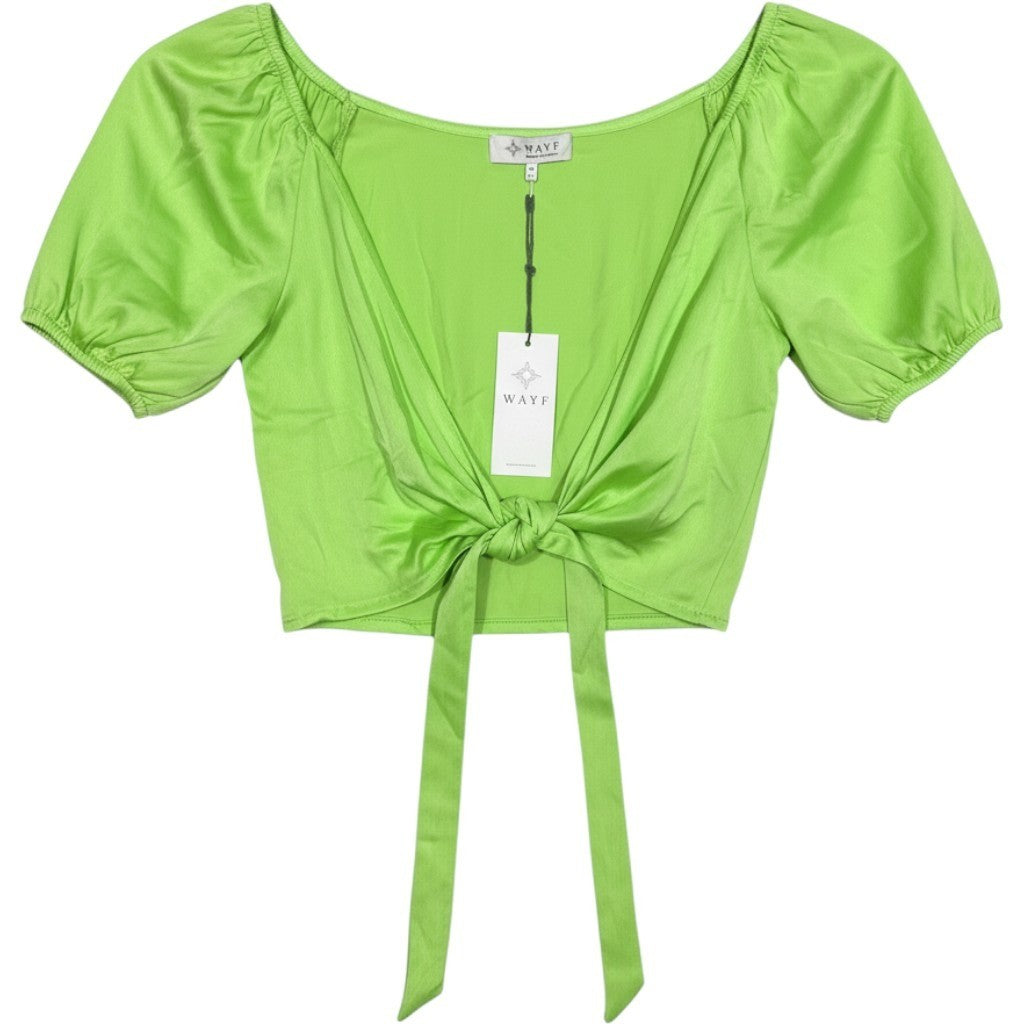 WAYF Women Lime Green Tie Front Puff Sleeve Crop Top Size Medium NEW