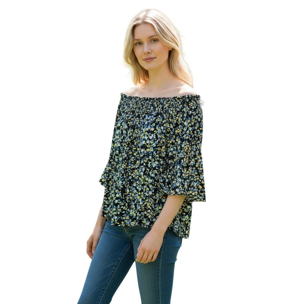 Vince Camuto Floral Off The Shoulder Bell Sleeve Blouse Black Yellow Blue Medium
