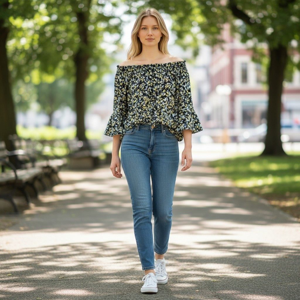Vince Camuto Floral Off The Shoulder Bell Sleeve Blouse Black Yellow Blue Medium