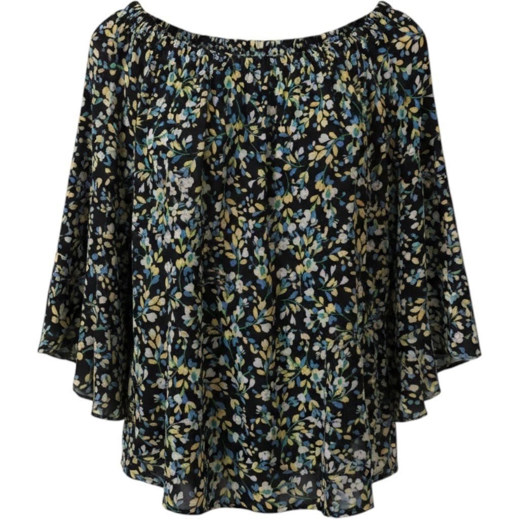 Vince Camuto Floral Off The Shoulder Bell Sleeve Blouse Black Yellow Blue Medium