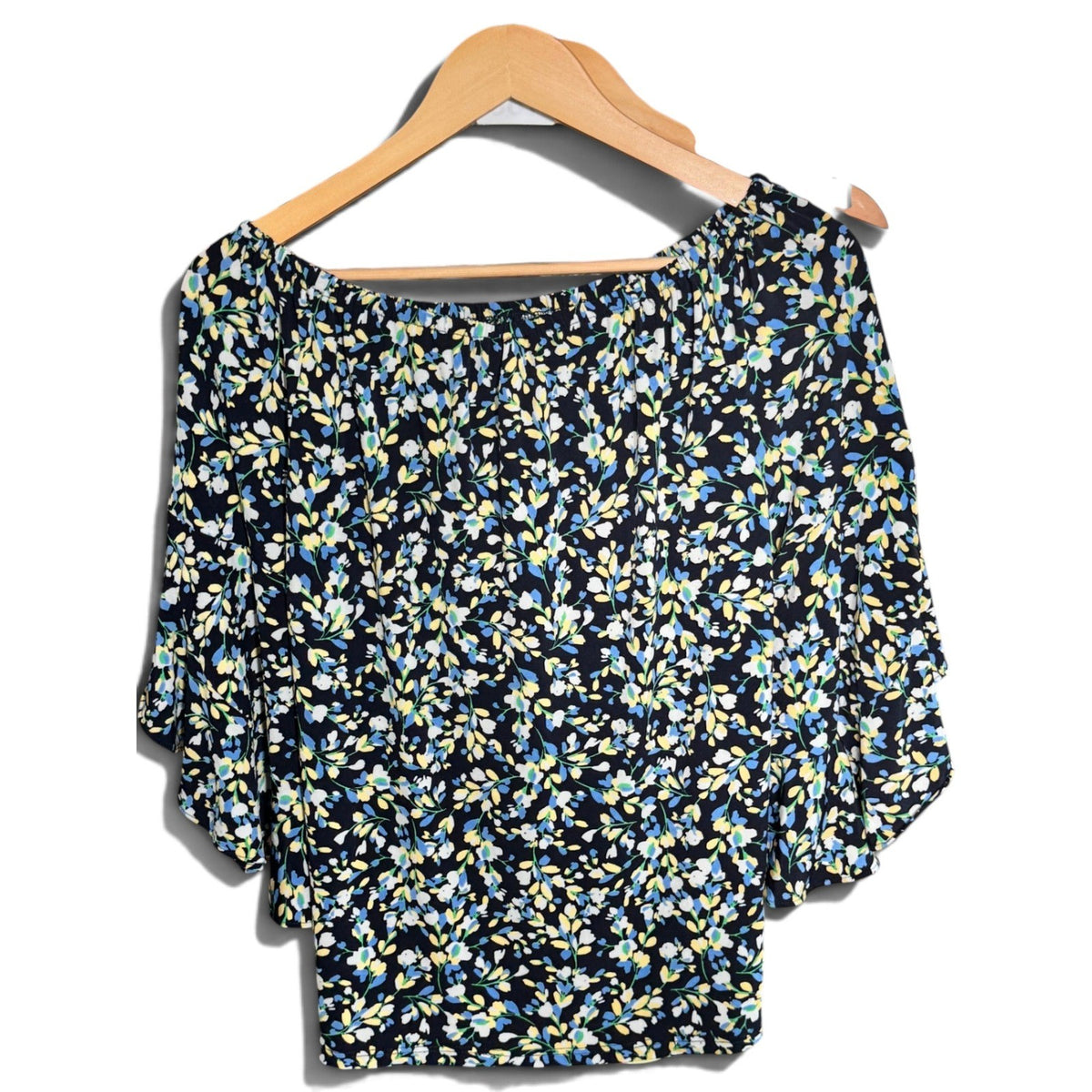 Vince Camuto Floral Off The Shoulder Bell Sleeve Blouse Black Yellow Blue Medium