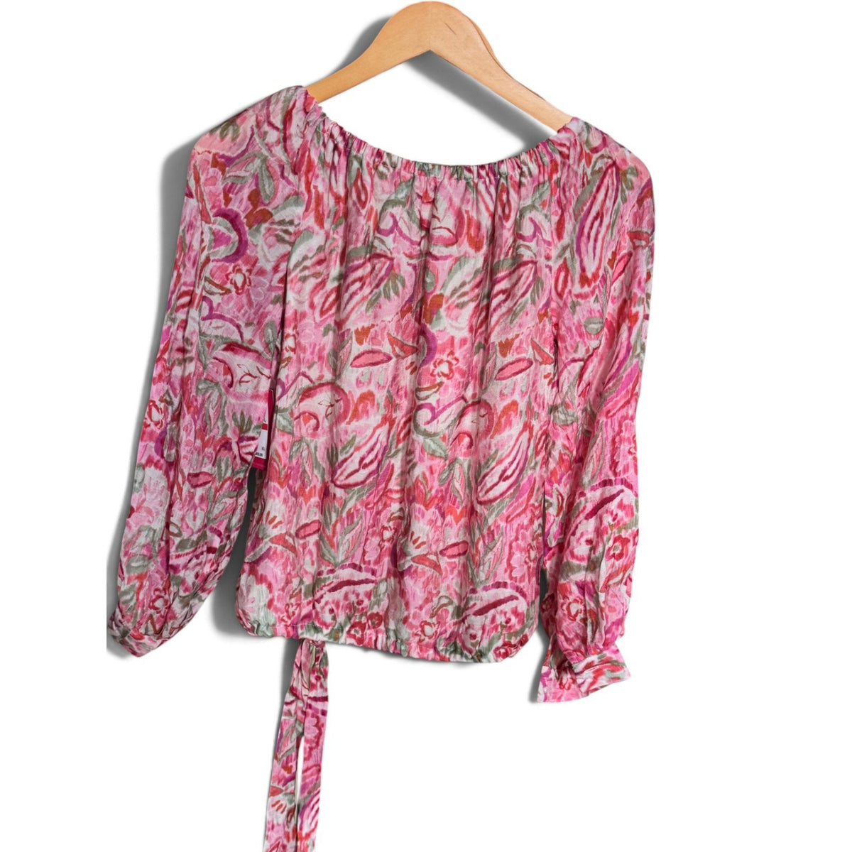 Vince Camuto Fresh Tropics Off Shoulder Tie Hem Blouse Pink Paisley 91325116 XS