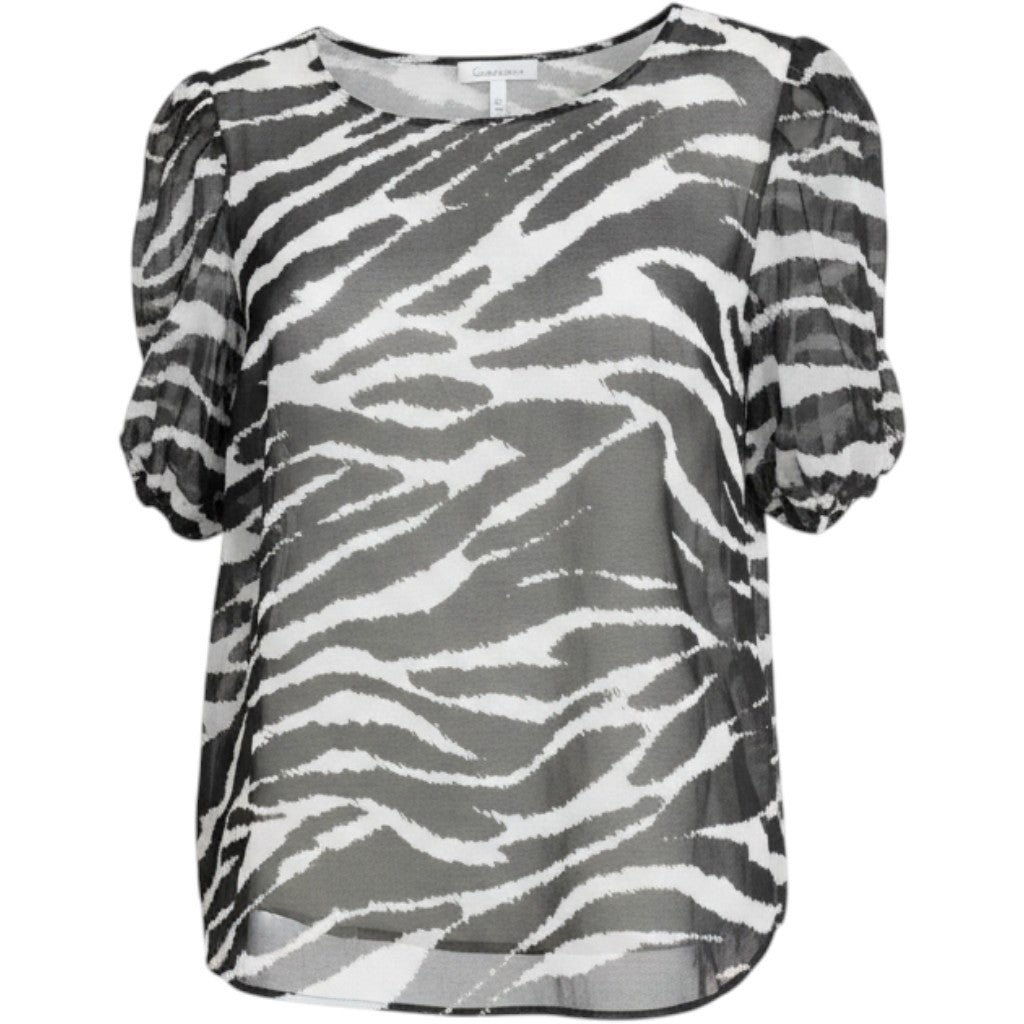 Calvin Klein Womens Zebra Print Puff Sleeve Chiffon Blouse Black White Crew Neck