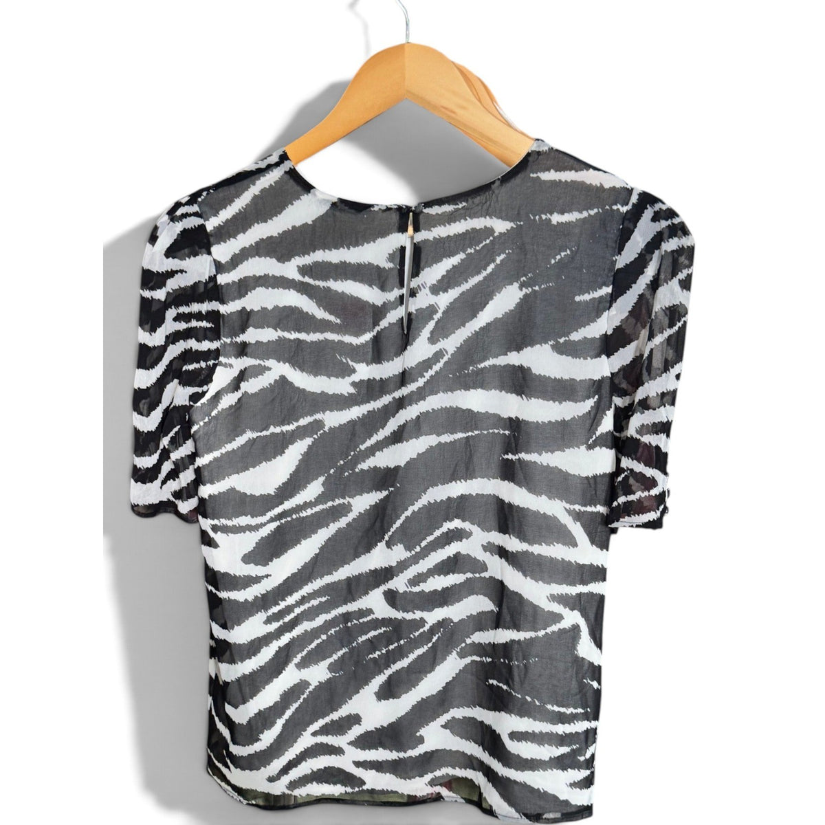 Calvin Klein Womens Zebra Print Puff Sleeve Chiffon Blouse Black White Crew Neck