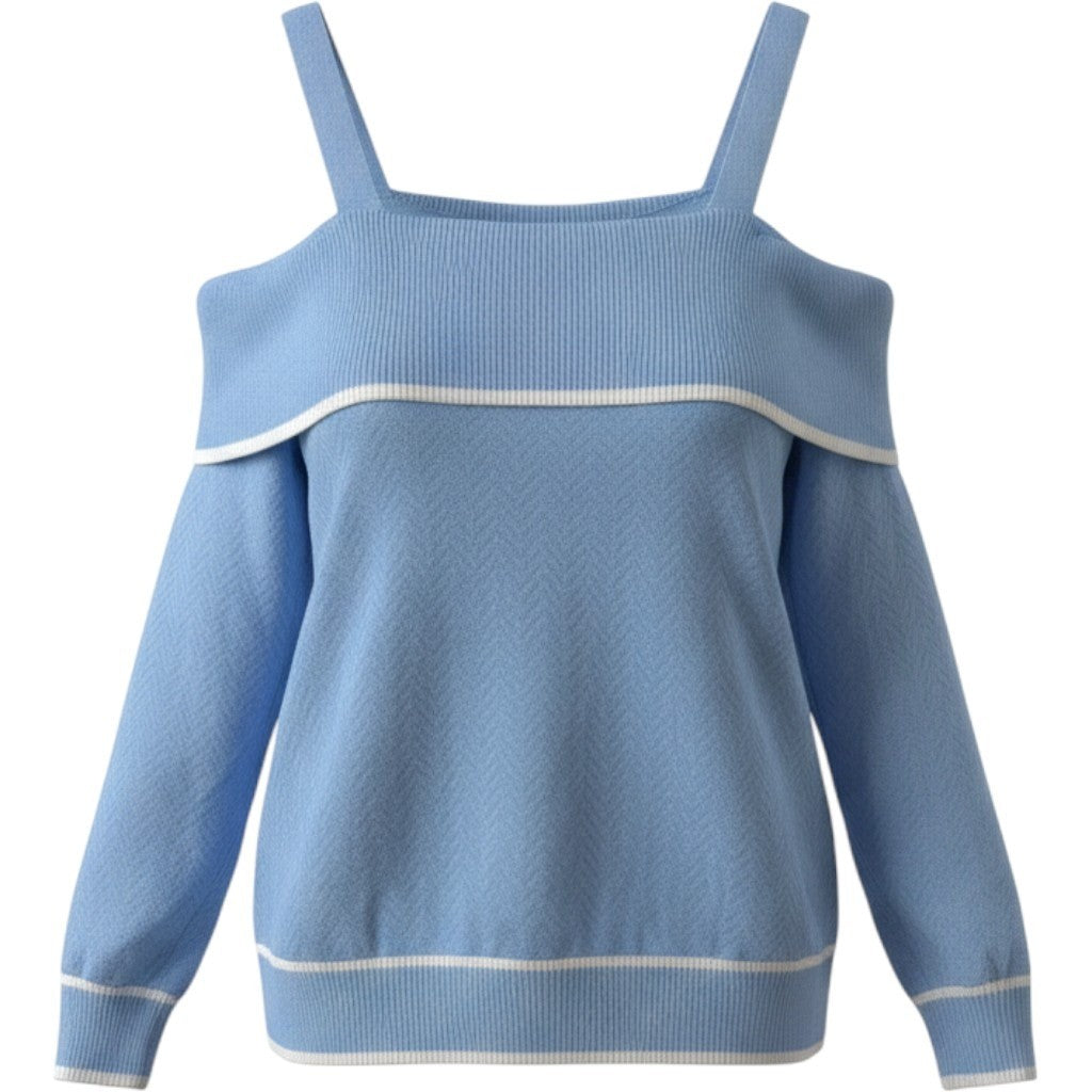 Belldini Bluebell White Cold Shoulder Chevron Ribbed Sweater BS230122X 1X