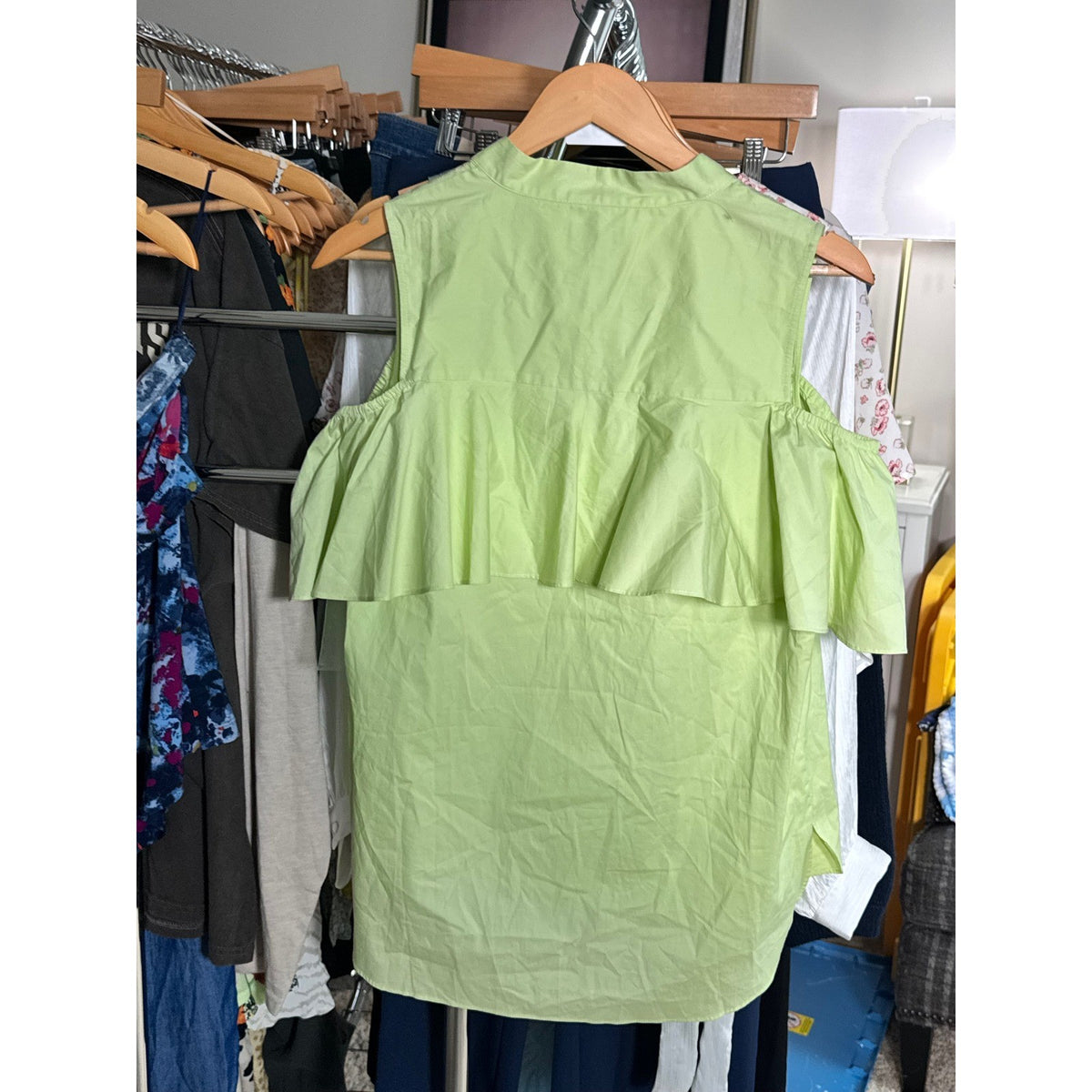 Vince Camuto Lime Green Cold Shoulder Ruffle Blouse Petite Medium NWT