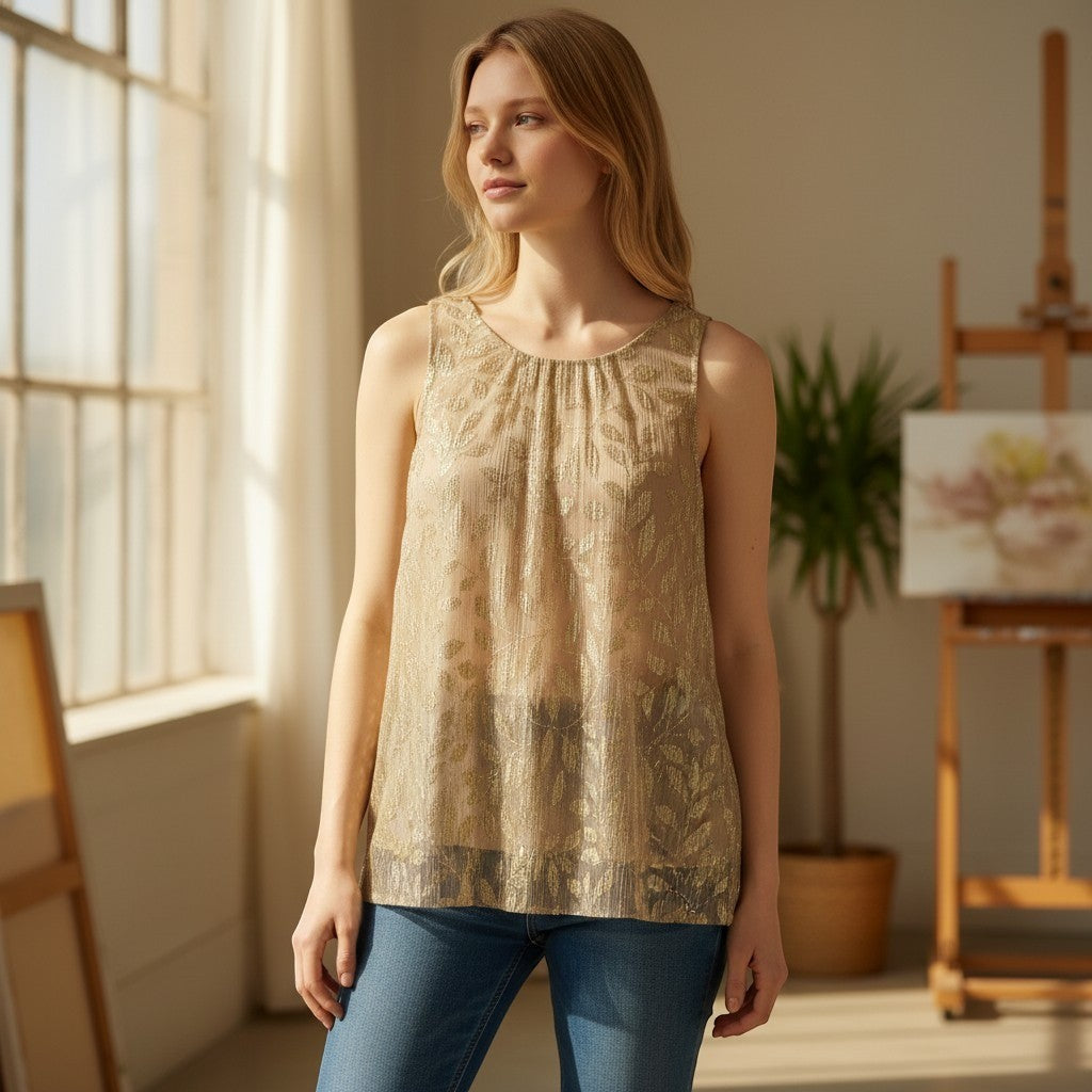 Vince Camuto Twinkle & Glow Gold Metallic Leaf Sleeveless Top XS 91624670