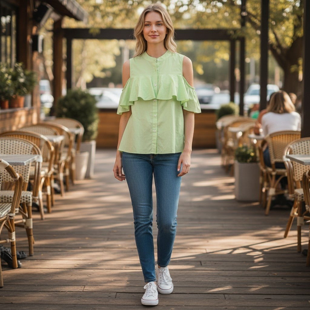 Vince Camuto Lime Green Cold Shoulder Ruffle Blouse Petite Medium NWT