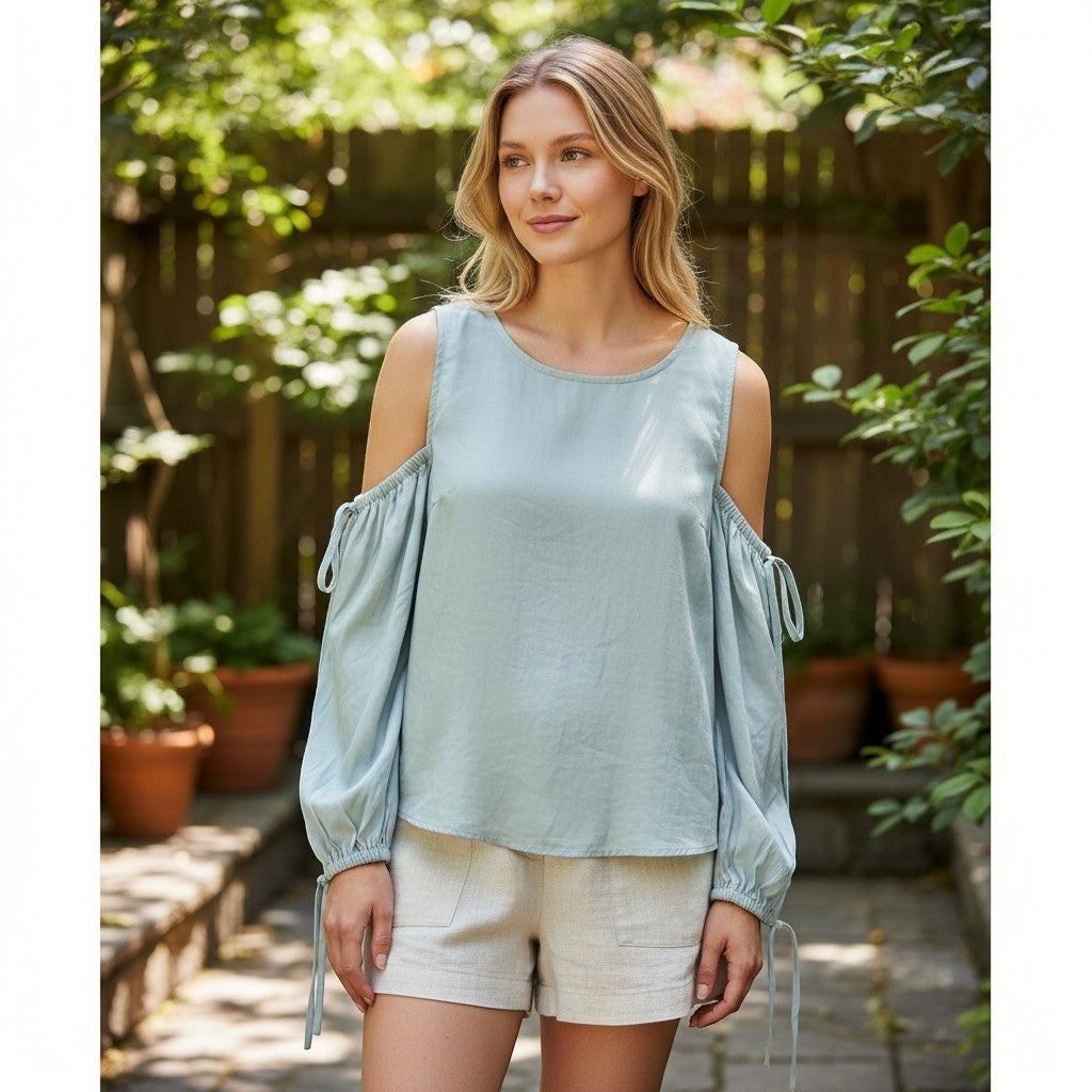Vince Camuto Women Light Blue Cold Shoulder Tie Sleeve Cotton Blouse 91624199 L