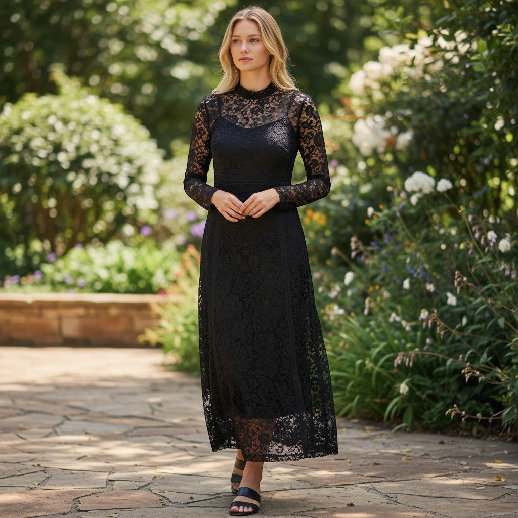 Vince Camuto Confetti Ready Black Lace Mock Neck Maxi Dress 91524728 Small