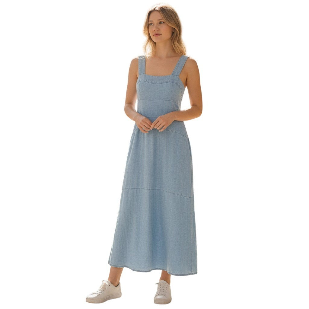 Vince Camuto Blue Tencel Denim Midi Dress Sleeveless Smocked Back XS
