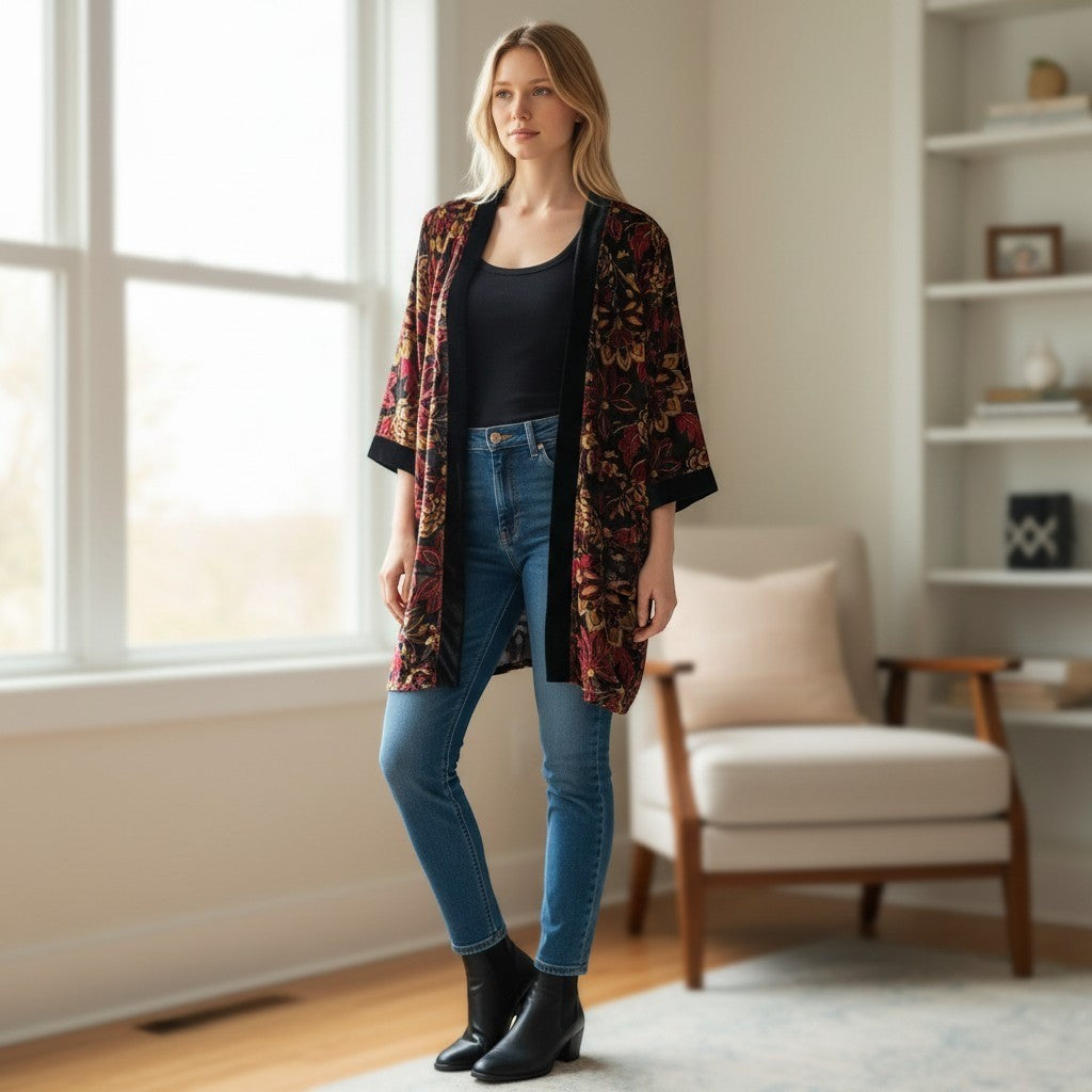 Ruby Rd Petite Red Allure Burnout Velvet Floral Kimono Jacket PM 12333 SB