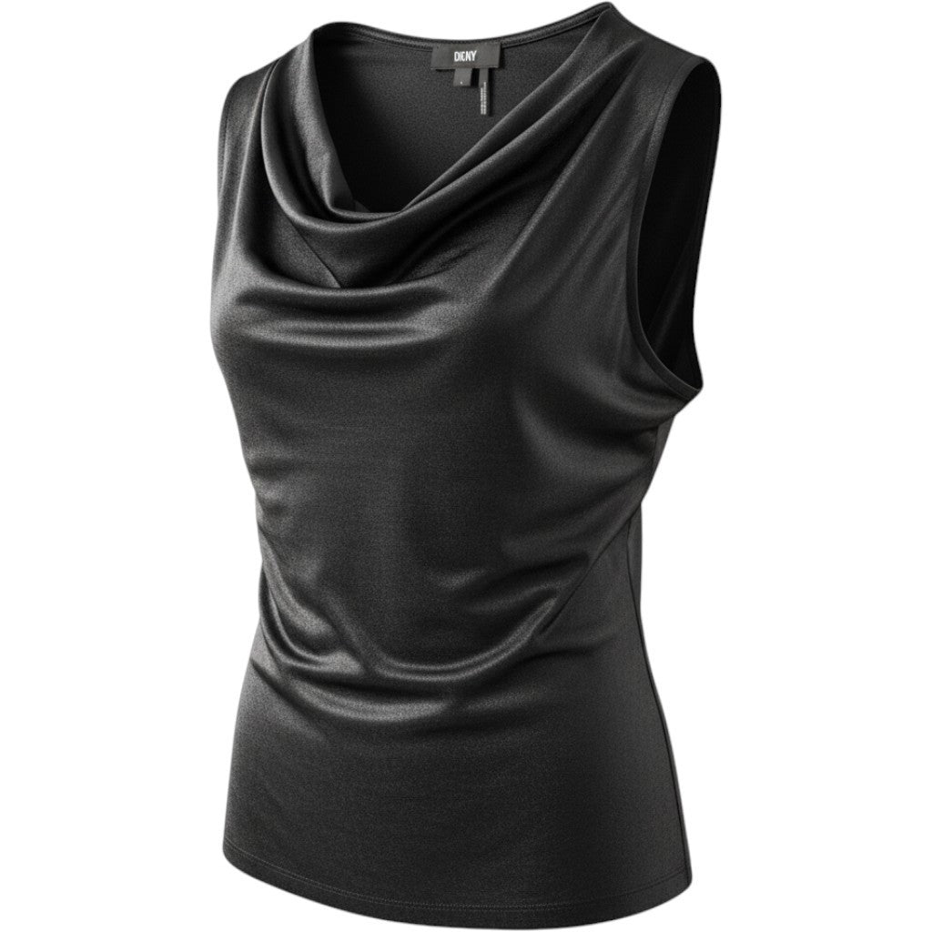 DKNY Womens Cowl Neck Sleeveless Metallic Shimmer Tank Top Charcoal Grey S