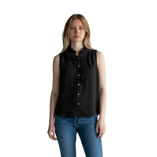 Anne Klein Womens Black Ruffle Neck Sleeveless Button Front Blouse Top XS