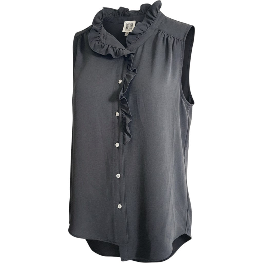 Anne Klein Womens Black Ruffle Neck Sleeveless Button Front Blouse Top XS