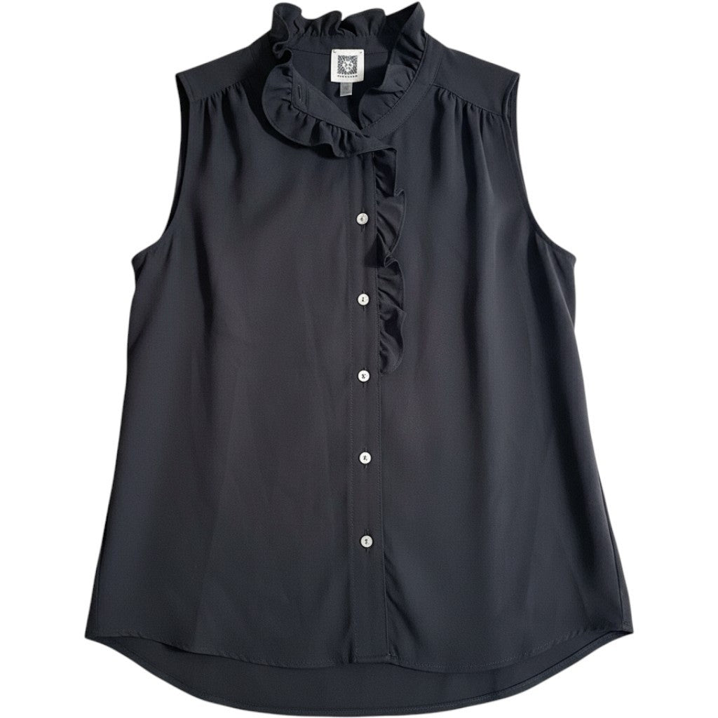 Anne Klein Womens Black Ruffle Neck Sleeveless Button Front Blouse Top XS