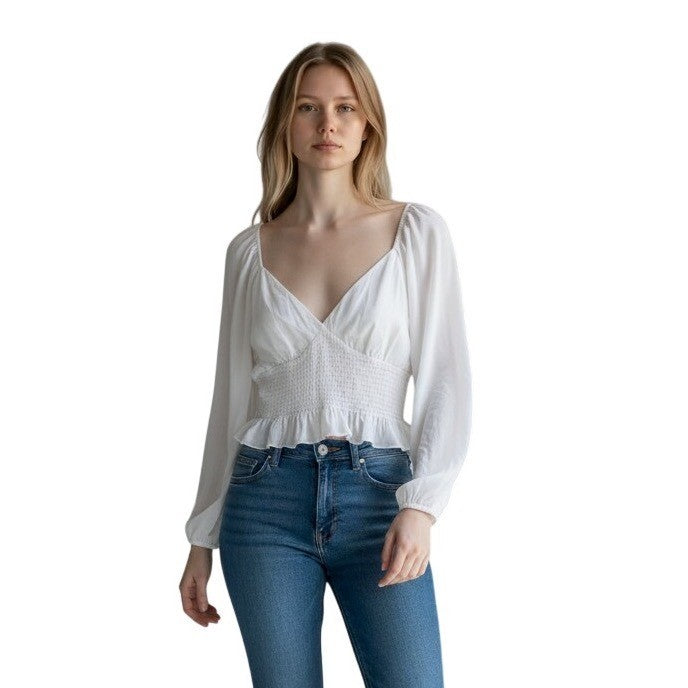 WAYF Women White Smocked V-Neck Long Sleeve Peplum Blouse Top