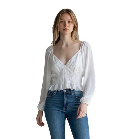 WAYF Women White Smocked V-Neck Long Sleeve Peplum Blouse Top