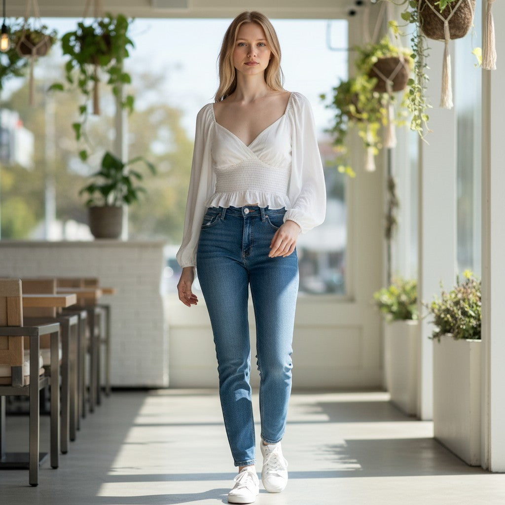WAYF Women White Smocked V-Neck Long Sleeve Peplum Blouse Top