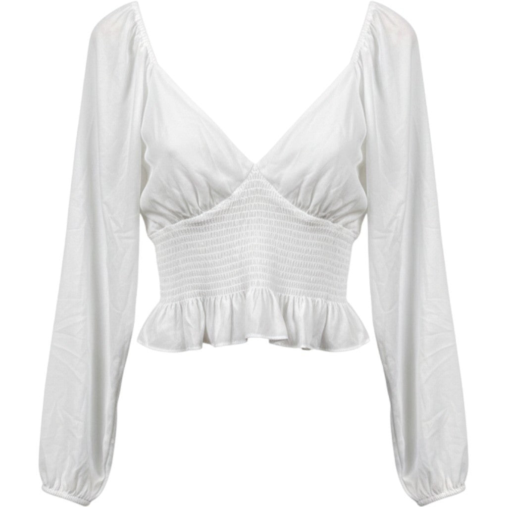 WAYF Women White Smocked V-Neck Long Sleeve Peplum Blouse Top