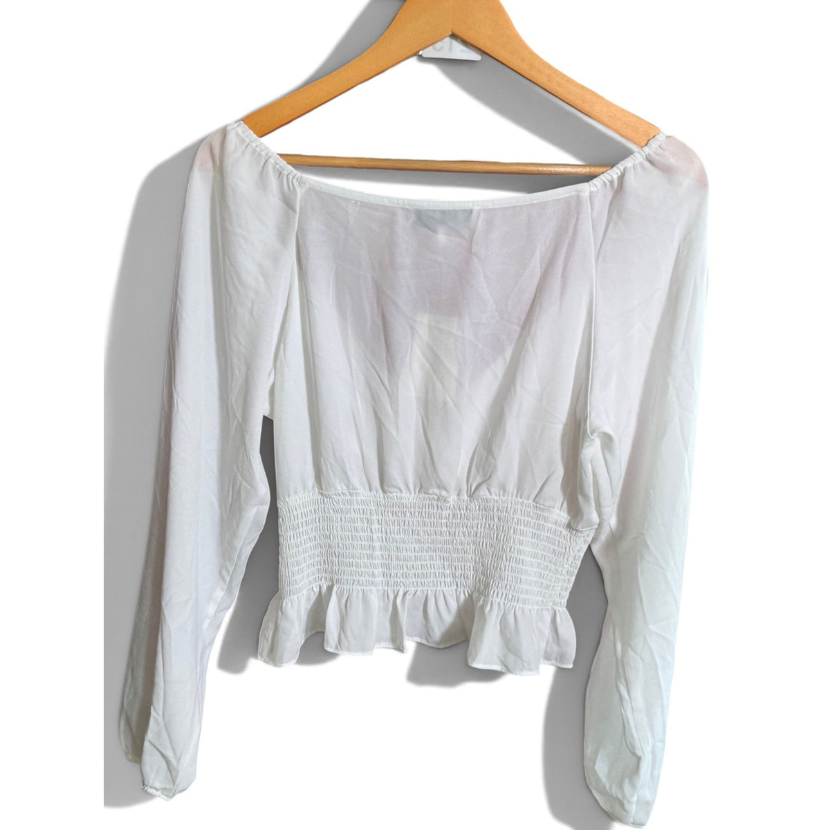 WAYF Women White Smocked V-Neck Long Sleeve Peplum Blouse Top