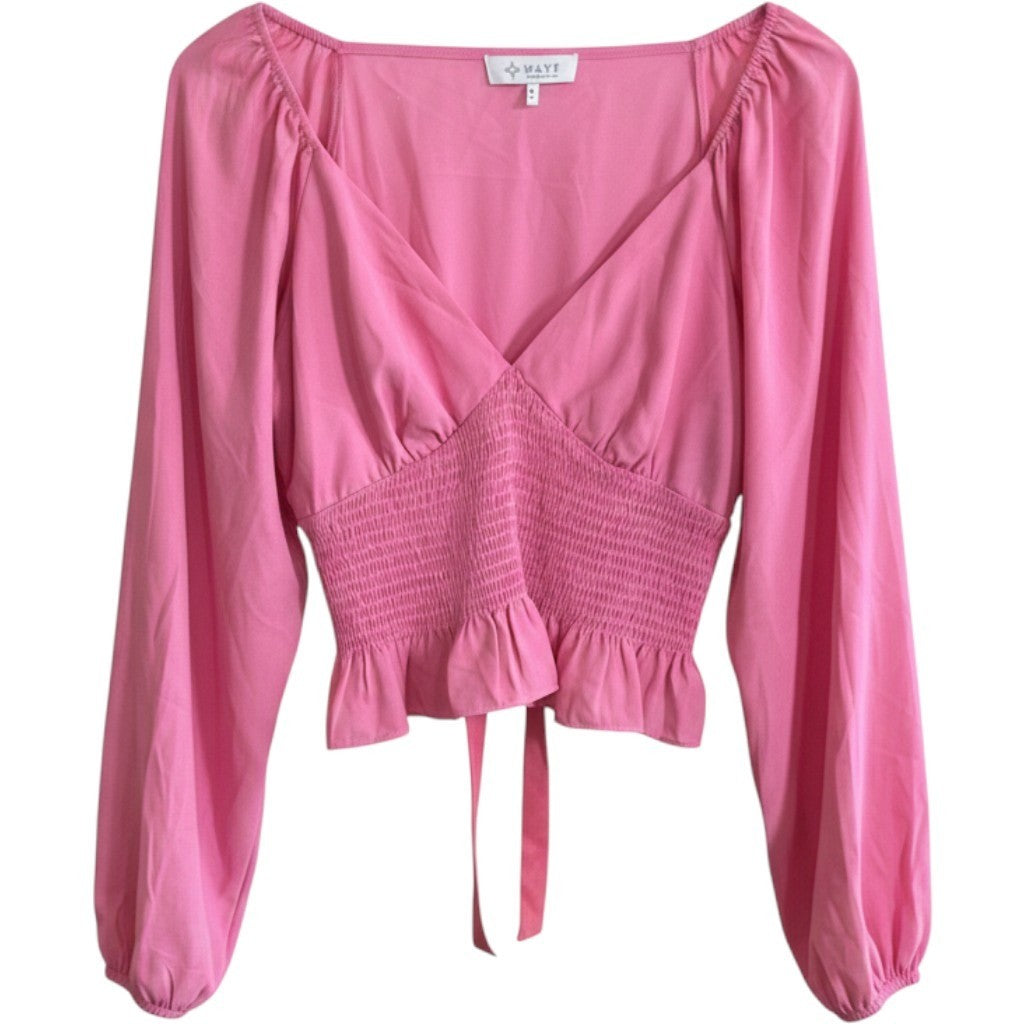 WAYF Pink Smocked Crop Top Long Balloon Sleeve V-Neck Ruffle Hem Size M NWT