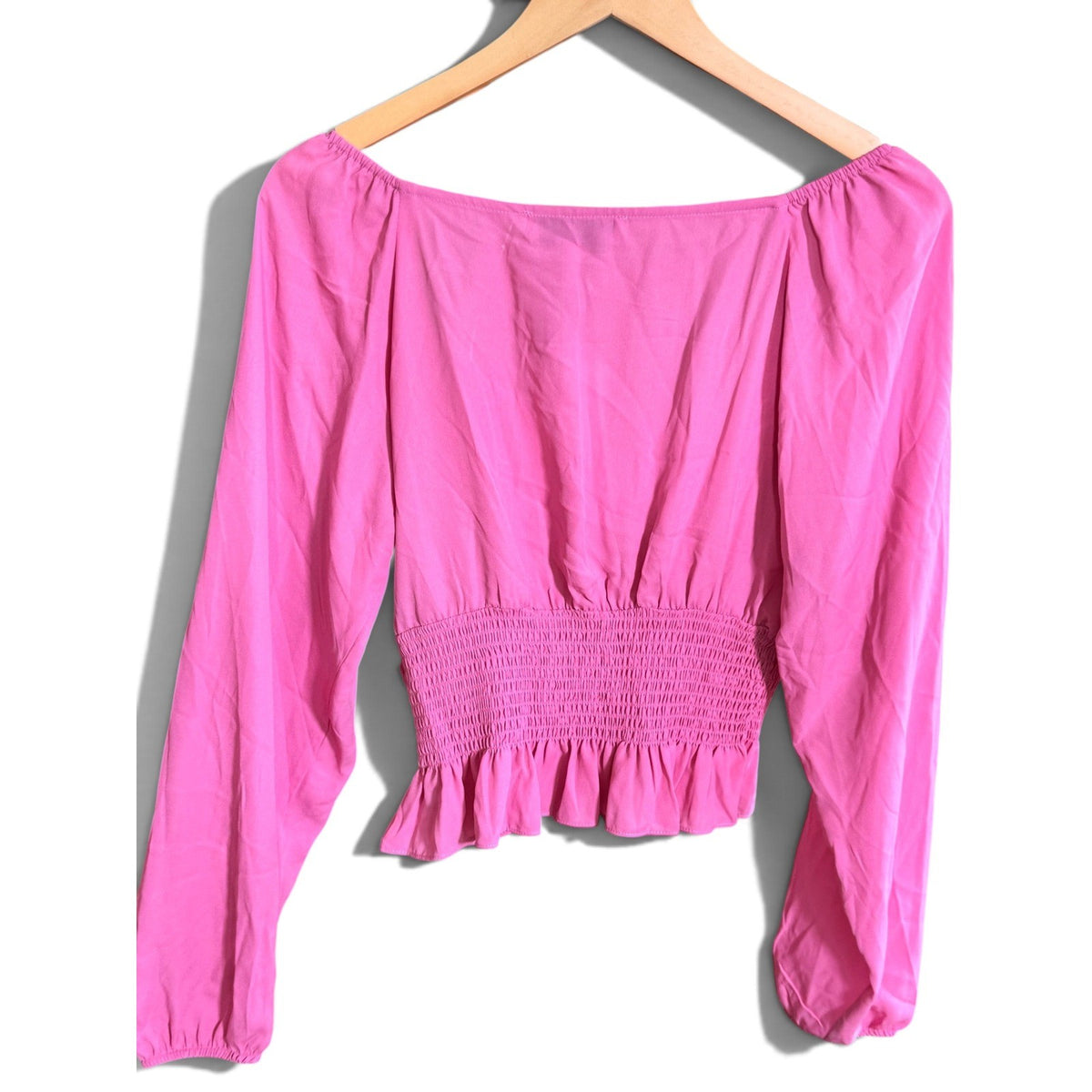 WAYF Pink Smocked Crop Top Long Balloon Sleeve V-Neck Ruffle Hem Size M NWT