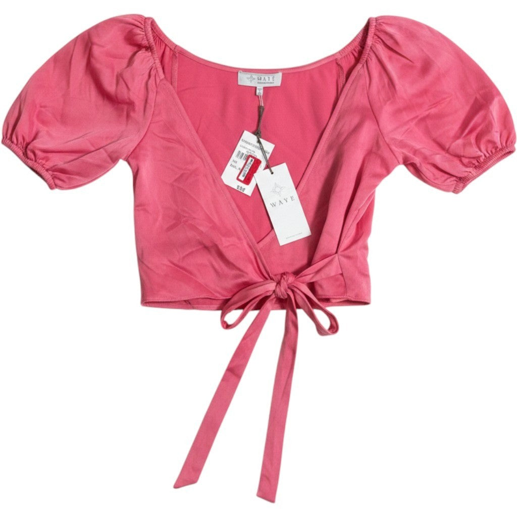 WAYF Women Pink Puff Sleeve Wrap Front Tie Crop Top Off Shoulder S NEW