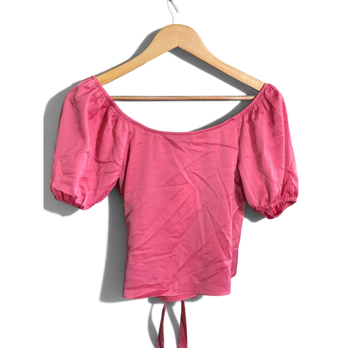 WAYF Women Pink Puff Sleeve Wrap Front Tie Crop Top Off Shoulder S NEW