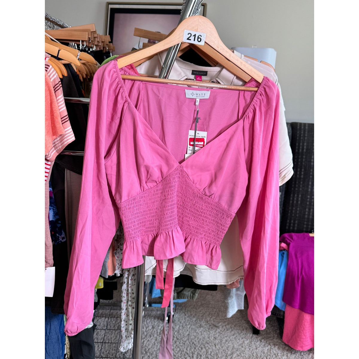 WAYF Pink Smocked Crop Top Long Balloon Sleeve V-Neck Ruffle Hem Size M NWT