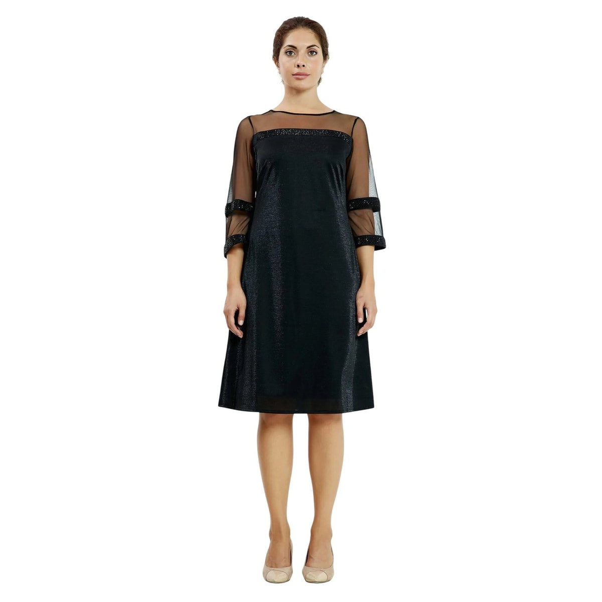 Black A-Line Midi Dress Sheer Mesh Sleeves Beaded Trim Lycra Blend