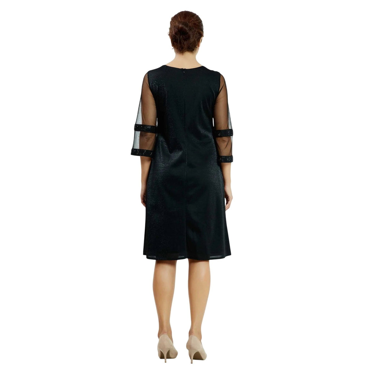 Black A-Line Midi Dress Sheer Mesh Sleeves Beaded Trim Lycra Blend