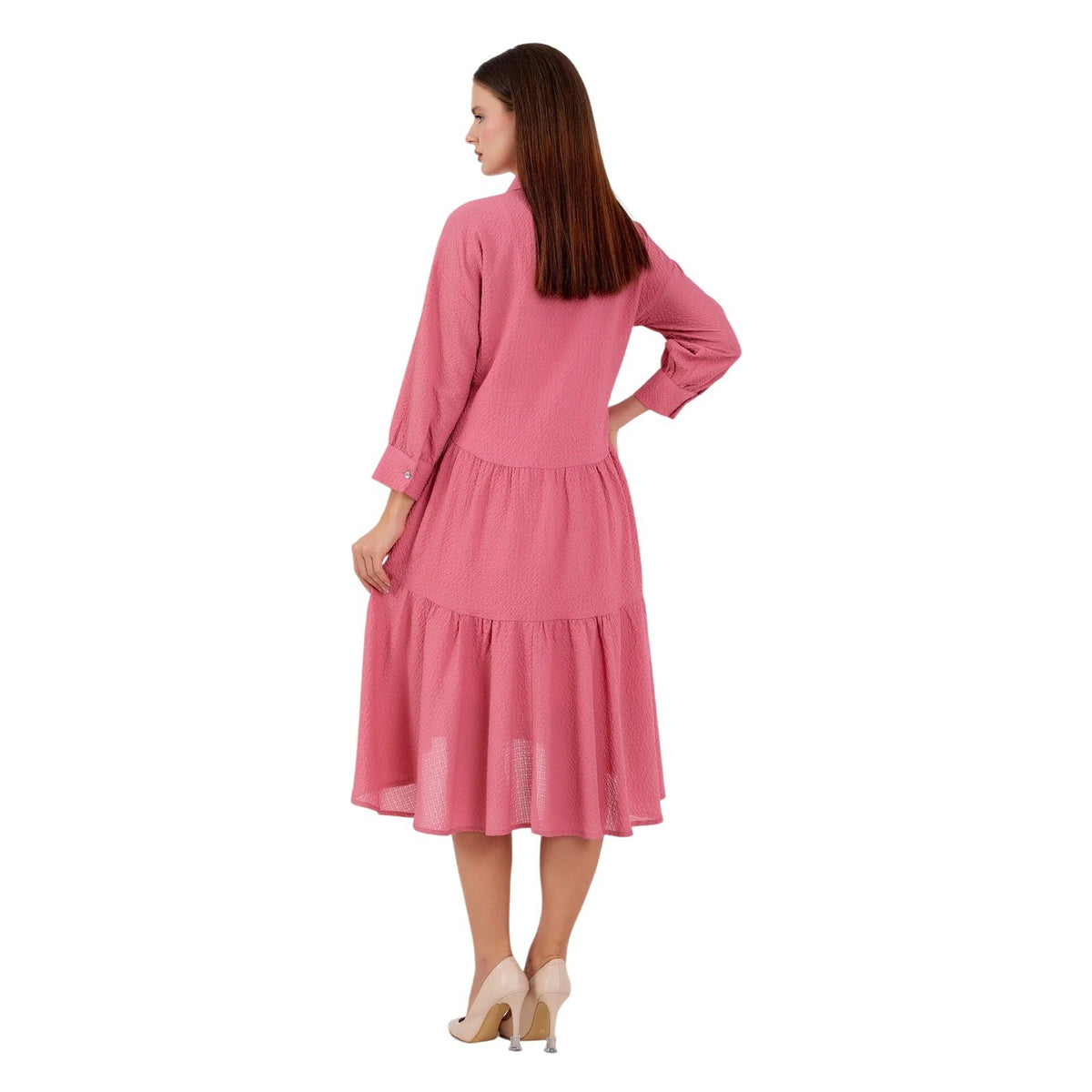 Pink Crepe Tiered Shirt Dress High Low Midi Long Sleeve Casual