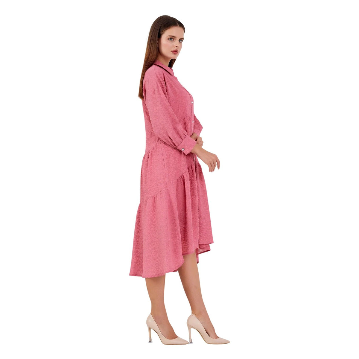 Pink Crepe Tiered Shirt Dress High Low Midi Long Sleeve Casual