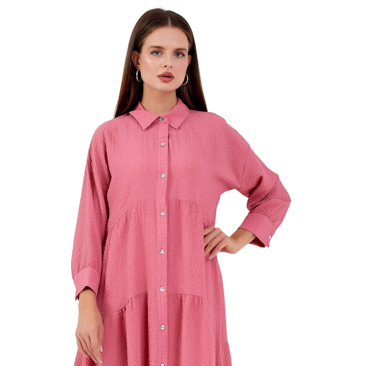 Pink Crepe Tiered Shirt Dress High Low Midi Long Sleeve Casual