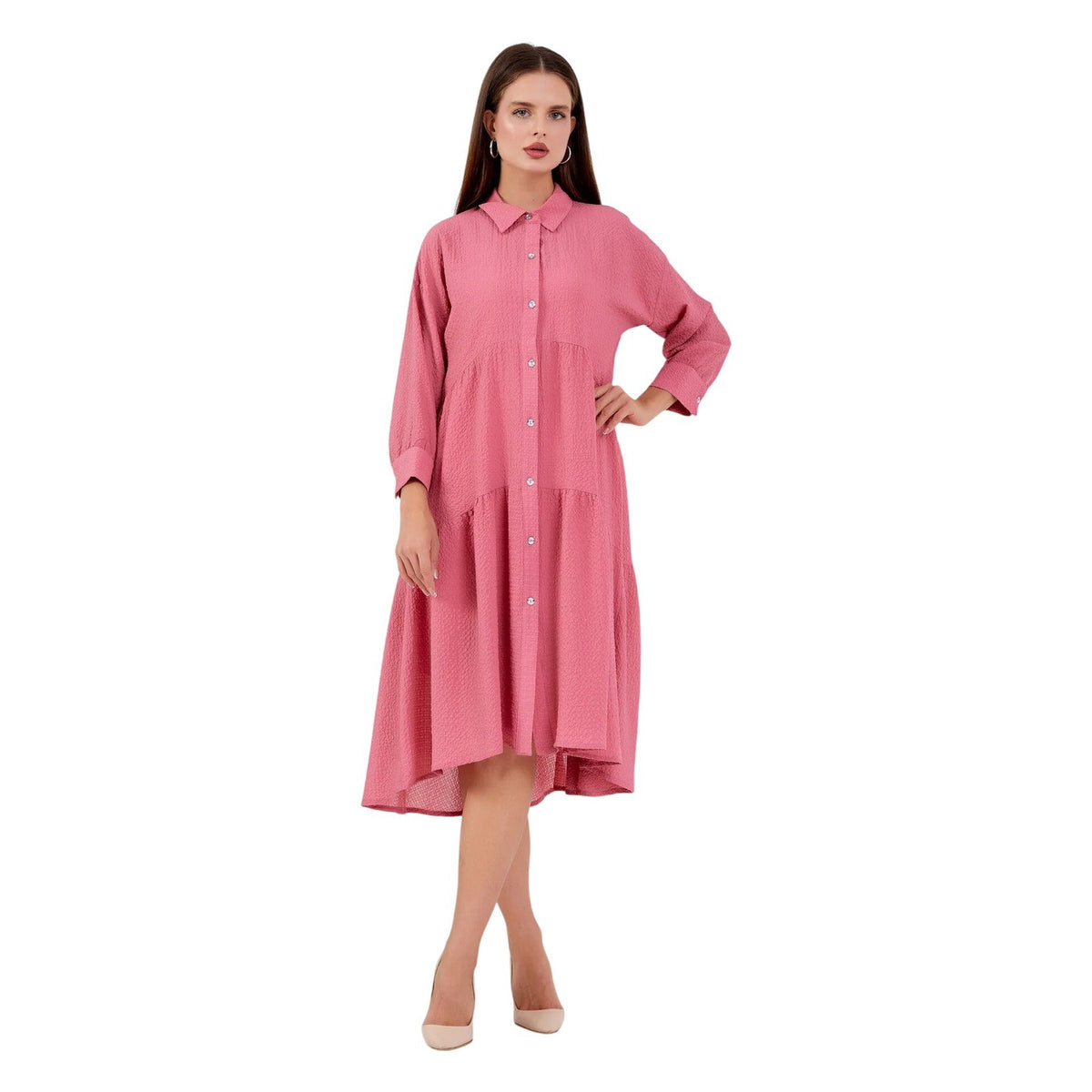 Pink Crepe Tiered Shirt Dress High Low Midi Long Sleeve Casual